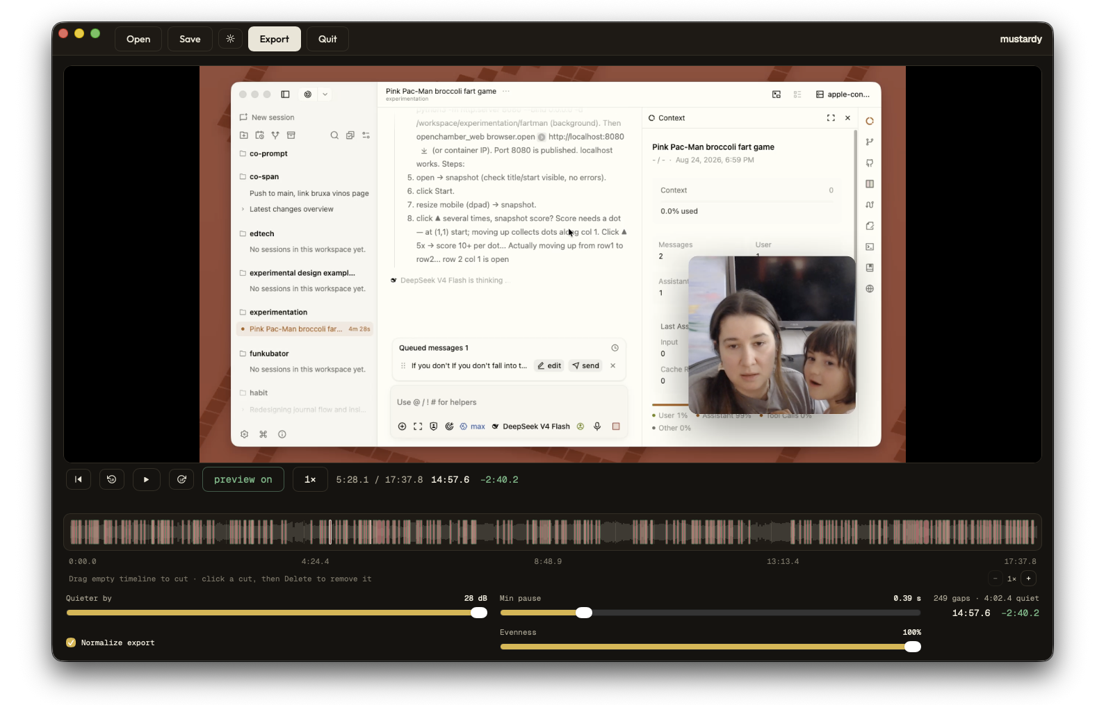 Mustardy editor showing a video preview, a timeline with detected silences marked in red, and controls for quietness, minimum pause, and evenness