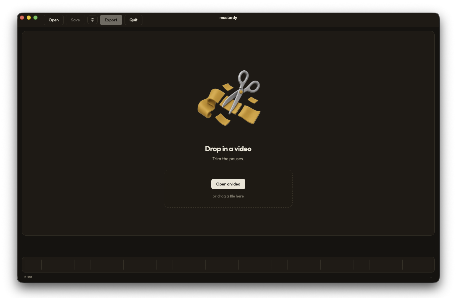 Mustardy's start screen: Drop in a video, with the scissors-and-film logo